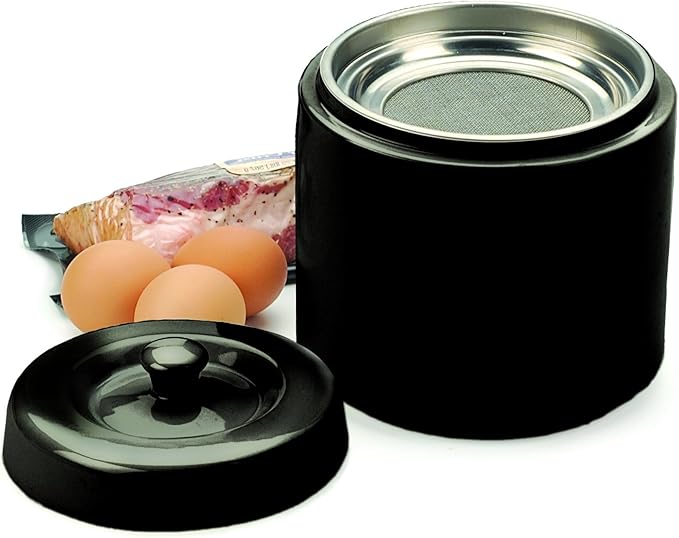 RSVP International Stoneware Grease Keeper with Lid & Stainless Steel Mesh Strainer, 6 Cup Capacity, Black