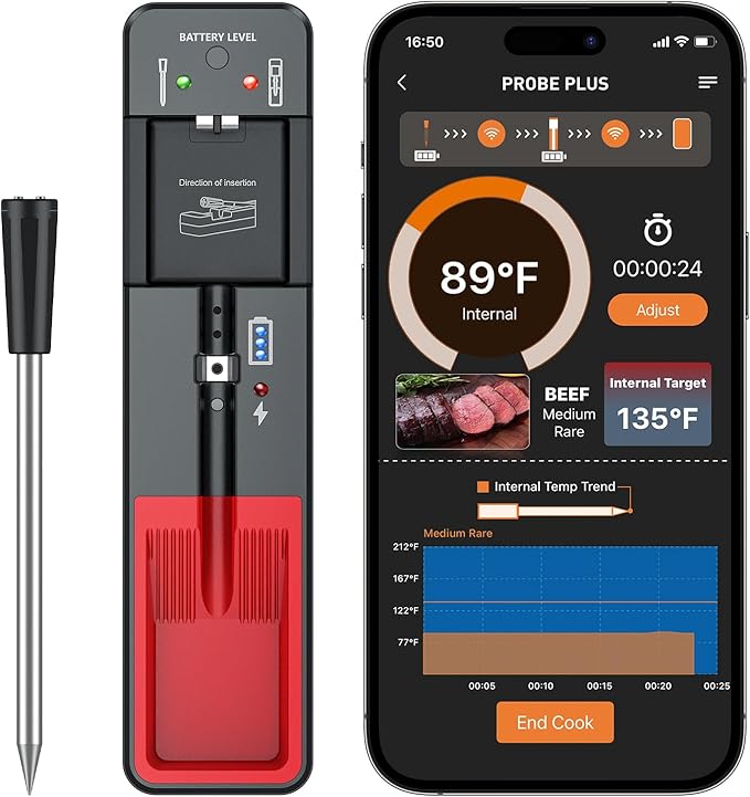 BSRCO Wireless Meat Thermometer, Digital Food Thermometer for Cooking and Grilling, 360 ft Bluetooth Smart Meat Thermometer, for Oven Safe, Kitchen, Smoker, Sous Vide, iOS & Android App Compatible