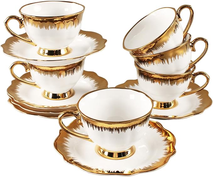 Coffee Mugs Set, 5.0 oz Ceramic Tea Cup with saucer, Espresso Cups 6-piece Rose Tea Cups and Saucers, Stackable Cups, for Latte, Cappuccino, Mocha, Cocoa (Golden)