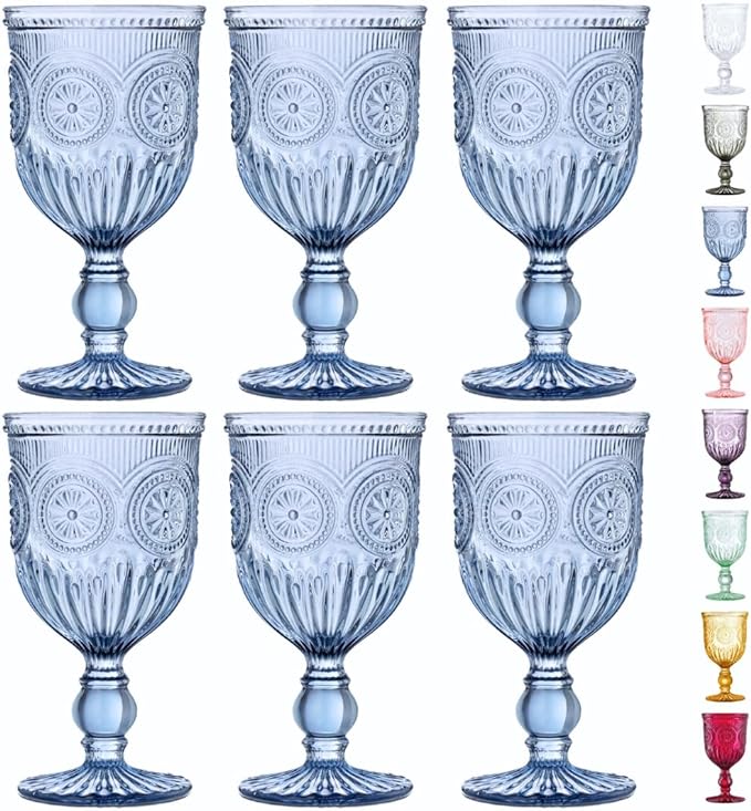 Blue-Wine-Glasses-Sunflower-Set-6 Blue Wine Glasses Set of 6 Vintage Hobnail Goblets 10 oz Dishwasher Safe
