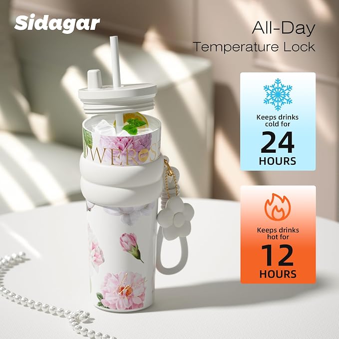 24 oz Stainless Steel Tumbler with Lid and Straw, Insulated Coffee Mug, Leak Proof, Portable Iced Travel Water Bottle, Reusable Thermal Coffee Cup, Floral White