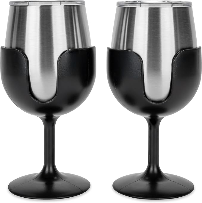 Camco Life is Better at The Campsite Wine Tumbler | Heavy Duty Double Wall Vacuum Insulation | Crafted of 18/8 Stainless Steel | Features Removable Black Stems | 2-Pk, 8-oz/Each (53485)