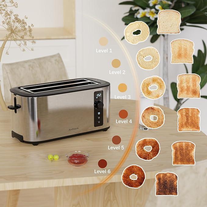 Anfilank Toaster 4 Slice with Countdown Timer, Extra Wide Slots for Bagels and Waffles, 6 Browning Settings, Removable Crumb Tray, Stainless Steel