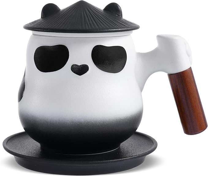 ZENS Tea Cup with Infuser and Lid, 11 oz Cute Panda Tea Mug with Strainer and Coaster for Loose Leaf Tea Steeper, Ceramic Tea Cup for Daughter, Collector's Mug Gifts