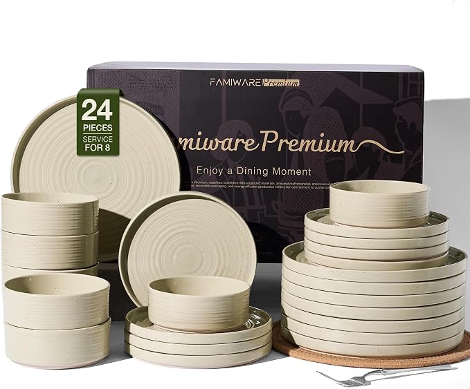 Stoneware Dinnerware Sets for 8, 24-Piece High Edge Plates and Bowls with Speckled Glaze & Spiral Design - Chip & Scratch Resistant, Microwave & Dishwasher Safe - Gift Box, Honey