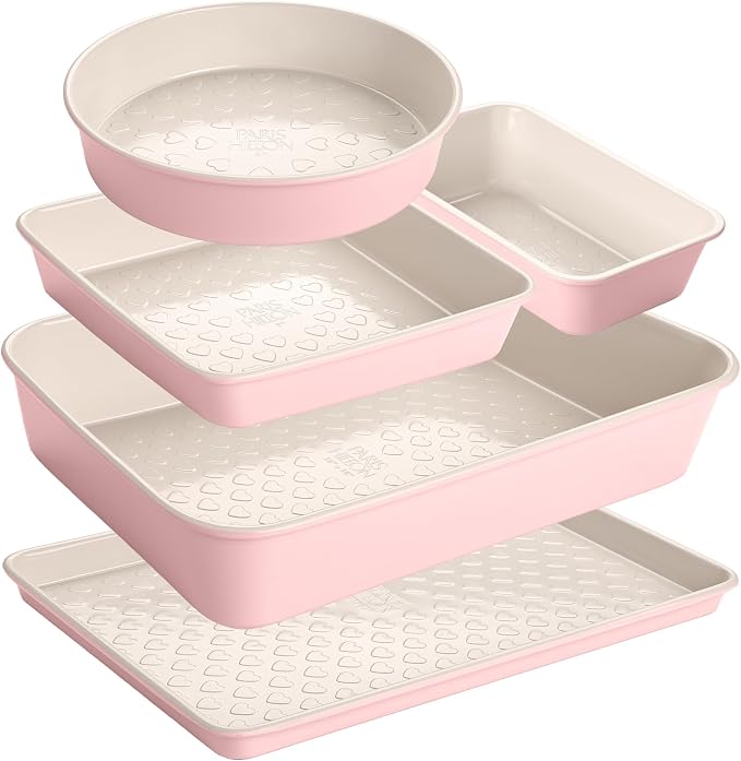 Paris Hilton 5-Piece Baking Pans Set, Nonstick Heart Pattern Bakeware Set with Heavy Duty Carbon Steel, Includes Square Pan, Round Pan, Loaf Pan, Roasting Pan & Cookie Sheet, 5-Piece, Pink