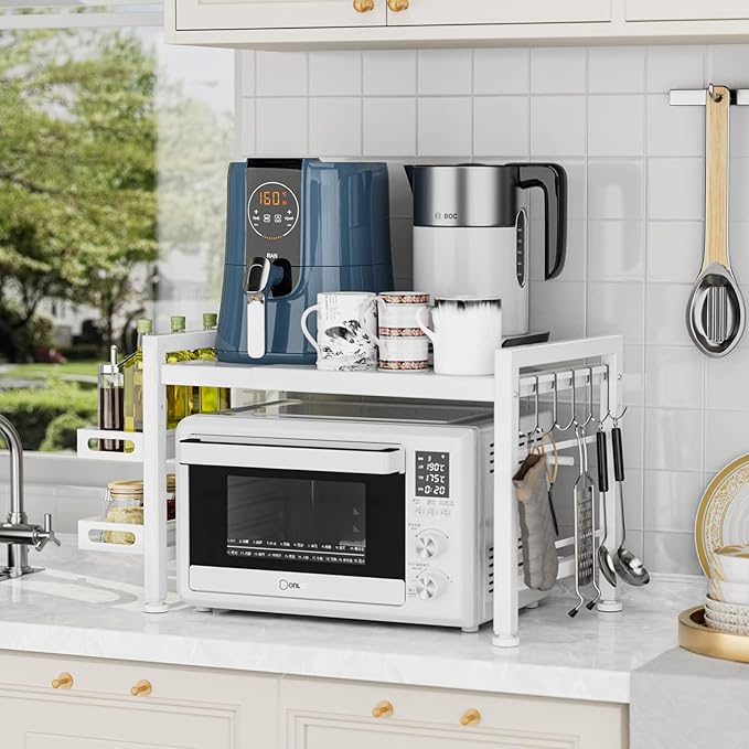 YIUKEA Over the Microwave Shelf - Adjustable Countertop Stand 2 Tier Rack (L15.723.6" xW12.8 xH17.7) with Spice Organizer and 6 Hooks for Kitchen White
