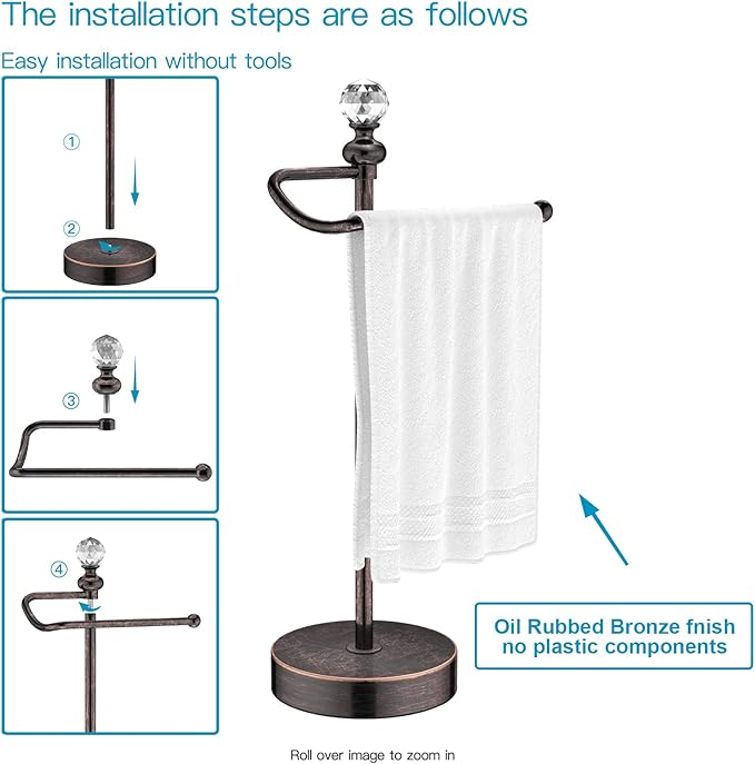 ROLABAM Bathroom Hand Towel Holder with Crystal Ball, Countertop Towel Holder Stand 15.7” H, Stainless Steel Classic Vintage Hand Towel Rack Stand with Heavy Weighted Base (Oil Rubbed Bronze, 2 Pack)