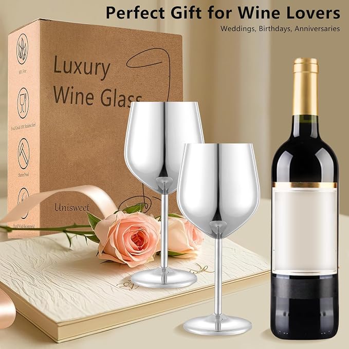 UNISWEET Stainless Steel Wine Glasses Set of 4 Unbreakable Wine Glass 18 oz Unique Metal Wine Goblets for Outdoor, Travel, Camping, Pool, Ideal Gift for Wine Lovers (Mirror-Silver)