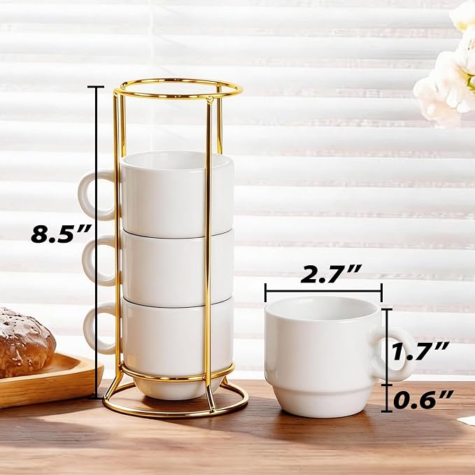 6oz Sublimation Coffee Mugs Set of 4, Blank Stackable Coffee Mugs with Rack Porcelain Stackable Cappuccino Cups with Metal Stand for Coffee, Tea, Cocoa, Milk (4 Set of 16 Pcs Mugs)