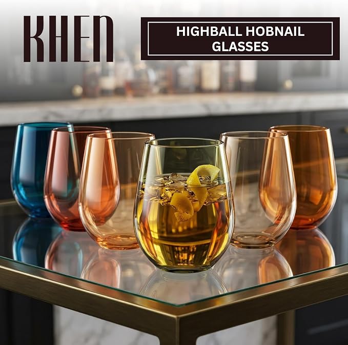 Khen European Style Shatterproof Tritan Stemless Wine Glasses, Acrylic Glass Drinkware, Unbreakable Colored, 6 - Set - BPA-free plastic, Reusable, Dishwasher Safe, All Purpose Glassware 15oz - (Muted)