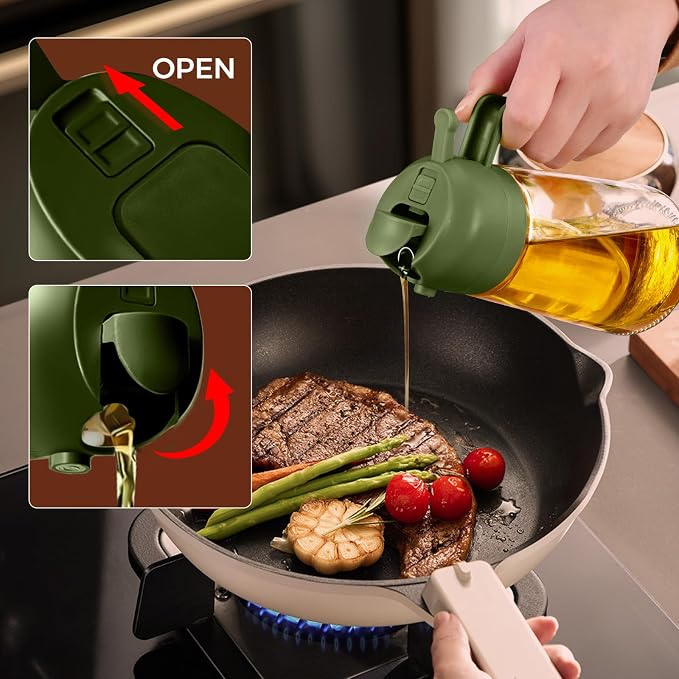 YARRAMATE 16oz/470ml Glass Olive Oil Sprayer for Cooking with Stickers, 2 in 1 Oil Dispenser for Kitchen Gadgets, Food Grade Premium Spray Bottle with Portion Control for Salad, BBQ (OliveGreen)
