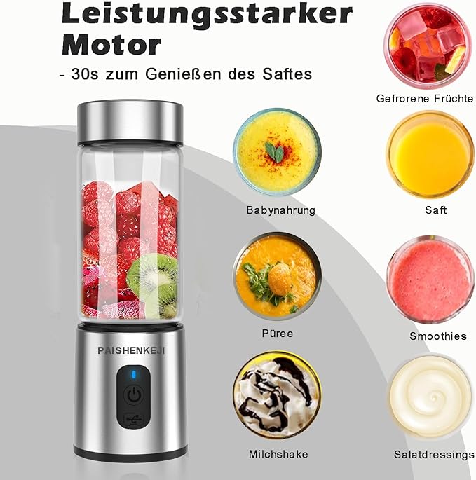 Glass Portable Blender Smoothies: Mini Personal Blender Shakes and Smoothies Small USB Rechargeable, Baby Food Travel Beach Office Sports Kitchen Gym Use