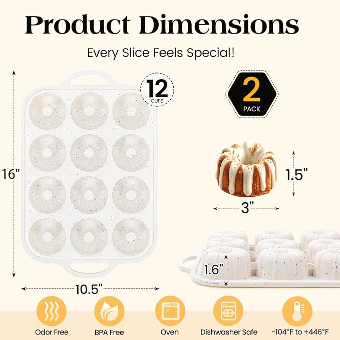 Vinino 3 Inch Silicone Mini Fluted Tube Cake Pan with Metal Reinforced Frame, 12-Cavity Mini Flan Mold, Nonstick Baking Pan for Mini Donuts, Muffins, Brownies, Jellies, 2 Pack