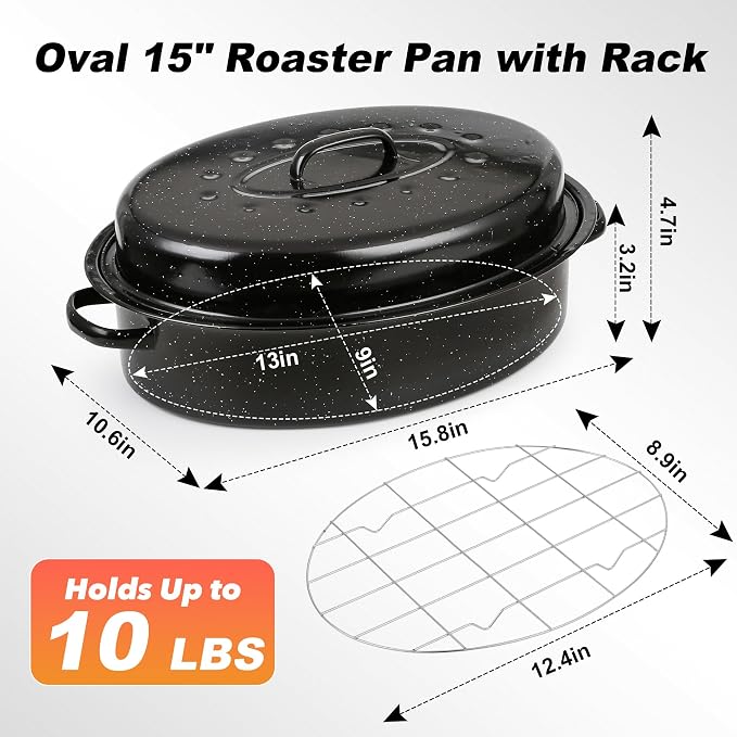 15” Roaster Pan with Lid and Rack, Small Enamel Roaster Pan with Oval Roasting Rack, Granite Baking Pot for Chicken Turkey Lamb, Heat Resistant, Oven/Dishwasher/All Stovestops Compatible