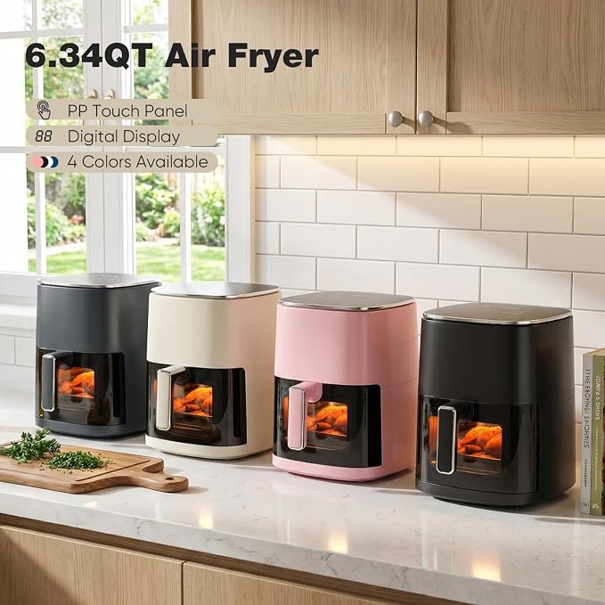 OLIXIS Air Fryer 6 Quart with Window Square Airfryer 12-in-1 Air Frys, Roast, Reheat, Dehydrate, Bake, Steam, Fries, Custard, Chicken, Wings, Sea Food, Vegetabels,400F, White