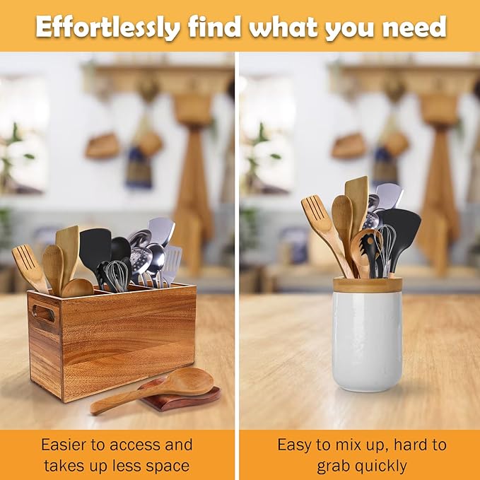 Relaxing Garden Wooden Utensil Holder for Kitchen Counter with Spoon Rest - Acacia Wood Utensil Organizer for Countertop, Rustic Wood Utensil Holder for Kitchen Storage