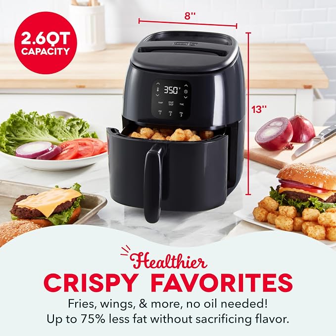 Dash Tasti-Crisp™ Digital Air Fryer – 2.6 Quart Small Compact Mini Air Fryer for French Fries, Nuggets & More, 1-2 People, Auto Shut Off, Adjustable Temp, Dishwasher Safe Parts - Black