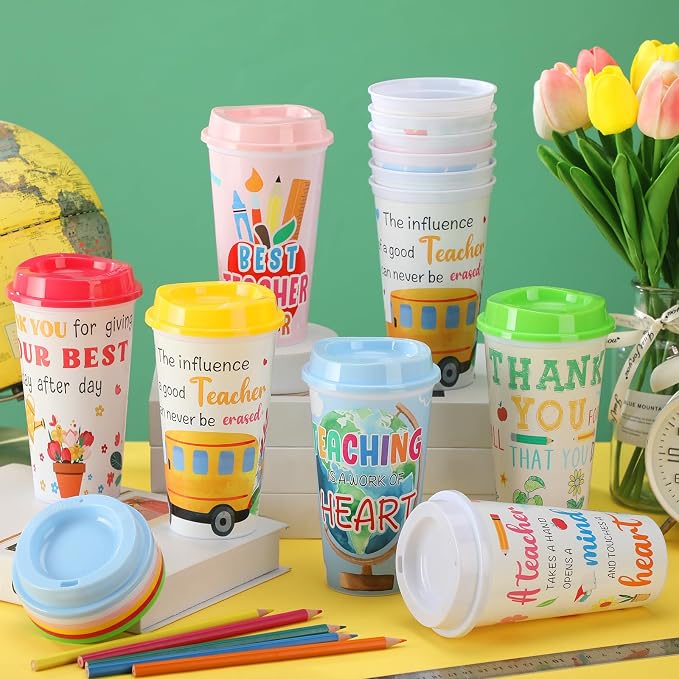 Skylety 12 Pcs Back to School Teachers Gifts Teacher Appreciation Gifts Teacher Deals Bulk Reusable Plastic Coffee Cup with Lid for First Day of School Party Decorations (Vivid)