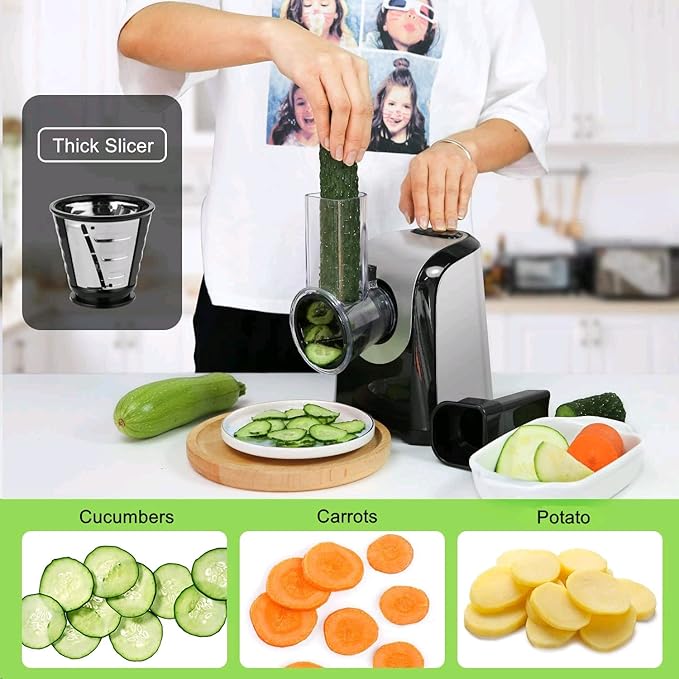 Electric Cheese Grater, 5 in 1 Professional Rotary Cheese Grater Vegetable Slicer, Electric Salad Shooter Spiralizer for Veggies, Grated Carrots, Salad, Broccoli Slaw, Cheeses, Fruits, 150W