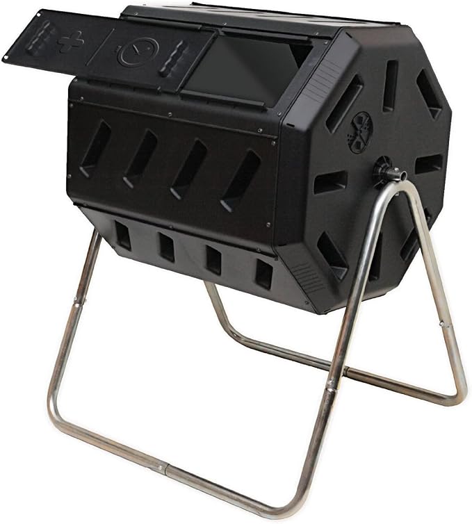 FCMP Outdoor Heavy Duty 37 Gallon 8 Sided Steel Portable Plastic Dual Chamber Tumbling Composter Outdoor Elevated Rotating Garden Compost Bin, Black | 8 Sided Portable Plastic Outdoor Elevated Rotating Garden Compost Bin, Black