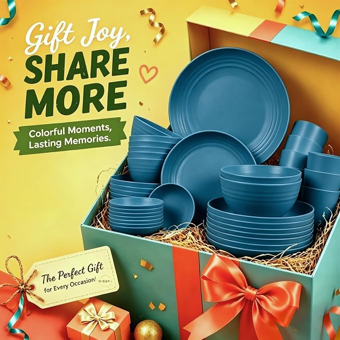 Wrova Kitchen Plates and Bowls Set Service for 8, 40-Piece Wheat Straw Dinnerware Sets Unbreakable Dinner/Salad Plates/Cereal Bowls/Sauce Cups/Cups Set, Dishwasher Safe Daily Living Dinnerware- Blue