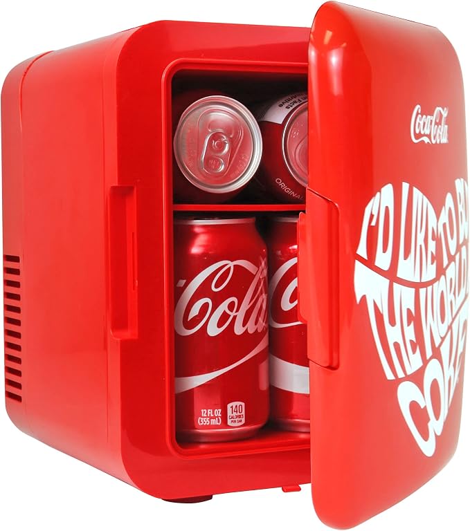 Coca-Cola World 1971 Series Mini Fridge, 6-Can Portable AC/DC Thermoelectric Cooler & Warmer, 4L Compact Dorm Fridge for Skincare, Cosmetics, Snacks, Beverages, Car, Boat, RV, Office Desk
