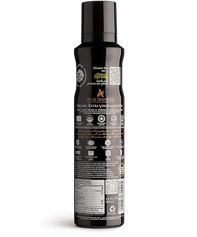 Olive Oil Spray by Atlas, Dual Function Olive Oil Cooking Spray and Stream, 5.4 fl oz, Extra Virgin, Non Stick, Cold Pressed, Polyphenol Rich, Organic Moroccan EVOO, Hydroxytyrosol, Keto