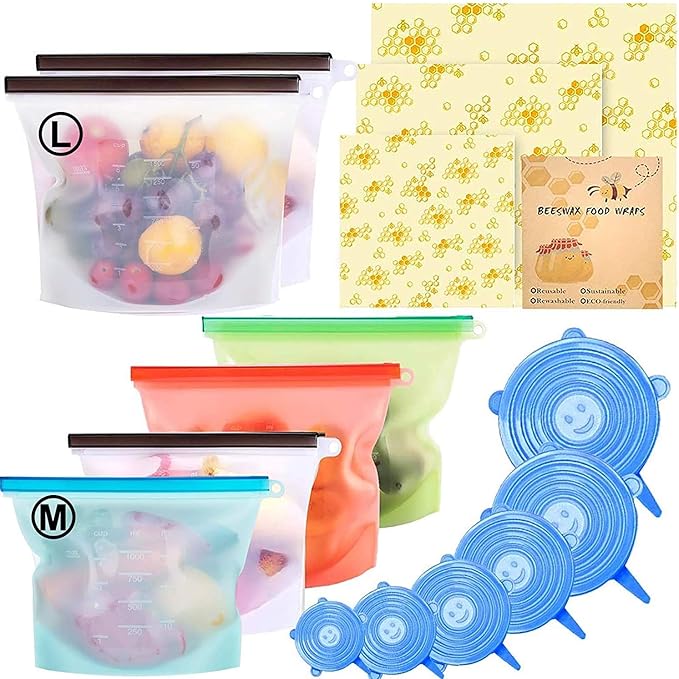 Reusable Storage Bags 15 Packs Reusable Silicone Storage Bags Set with 6 PCS Eco-Friendly Leakproof Silicone Food Storage Bags,3PCS Beeswax Wrap+6PCS Silicone Stretch Lids Cover for Meat Fruit Veggies