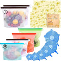 Reusable Storage Bags 15 Packs Reusable Silicone Storage Bags Set with 6 PCS Eco-Friendly Leakproof Silicone Food Storage Bags,3PCS Beeswax Wrap+6PCS Silicone Stretch Lids Cover for Meat Fruit Veggies