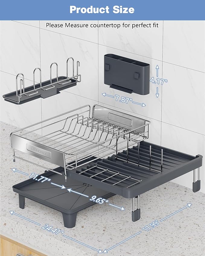 Expandable Dish Drying Rack, Dish Racks for Kitchen Counter, Stainless Steel 304, Flip-Top Retractable Plate, Multi-Directional Adjustable Dish Rack, Space Saving Large Drying Rack Kitchen, Gray