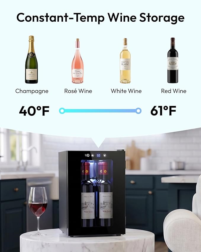 EUHOMY 18L Freestanding Counter-top Wine Fridge Mini Fridge, 4 Bottle and 6 Can Wine Cooler for Red White Wine, Wine Cellar with LED Digital Temperature Display Quiet, Black