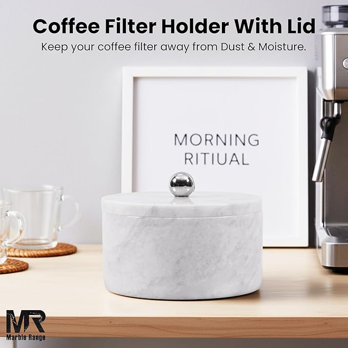 Marble Coffee Filter Holder – 6 inch Handmade White Coffee Filter Holder with Lid, Storage Organizer for Kitchen Countertop & Bar Decor