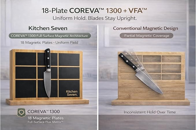 Magnetic Knife Block with 18 COREVA™ Magnetic Plates – Double Sided Bamboo Knife Holder, Engineered Full-Surface Magnetic System for All Knives & Scissors, Countertop Storage Organizer