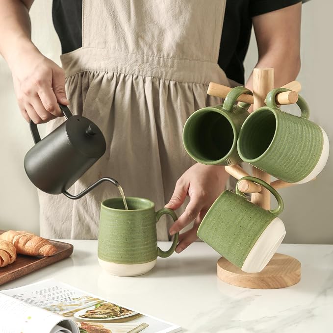 Large Ceramic Coffee Mugs Set - 15 OZ Porcelain Coffee Latte Cups Set of 4 with Handle Perfect for Cappuccino, Tea, Mocha, Hot or Cold Drinks, Unique Glaze Design for Home, Cafe and Coffee Bar, Green