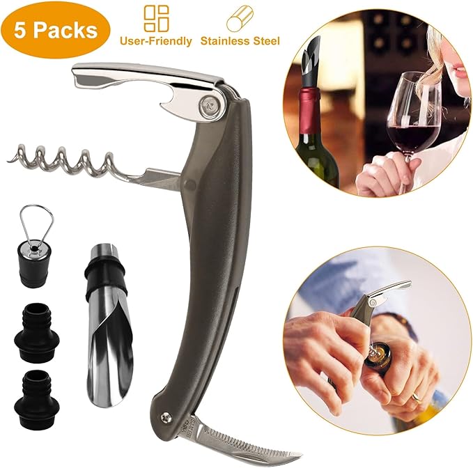 Casafoyer 5 Pcs Wine Bottle Opener Set Wine Accessories Kit w/Corkscrew Pourer Stopper Vacuum Pump for Home Use Sommeliers Waiters Bartenders
