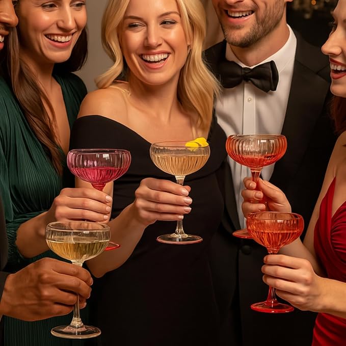 Khen Flower Vintage Wavy Glass Coupes Martini, Champagne & Cocktail Coupes - Set of 5-7oz Colorful Cocktail Glasses & Champagne, Prosecco, Mimosa Glassware Gift, Copyright Design - Summer Flora Coupes