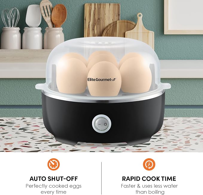 Elite Gourmet EOM205 Non-Stick Omelet, Frittata, Snack Pocket Maker, Dessert Maker & EGC115B Easy Egg Cooker Electric 7-Egg Capacity, Soft, Medium, Hard-Boiled Egg Cooker with Auto Shut-Off