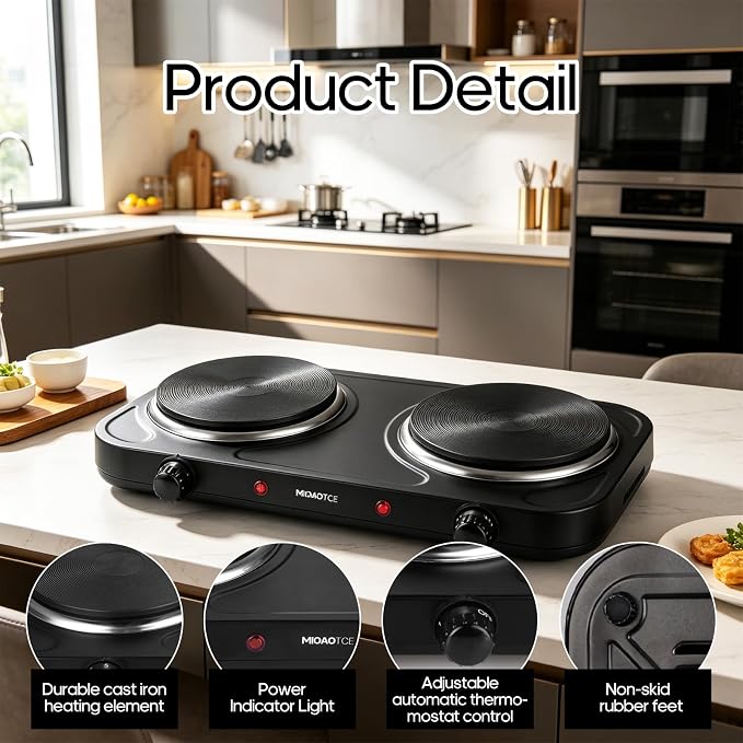 Countertop Double Cast Iron Burner 1800 Watts Electric Hot Plate with Adjustable Temperature 6.1" Cooktop for Dorm, Office, Home, Camp, Compatible for All Cookwares