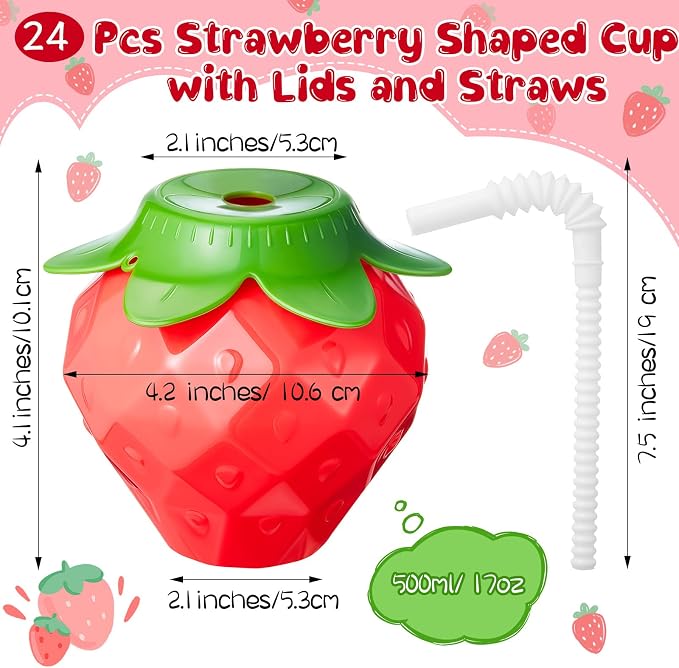 Havawish 24 Pcs 17oz Strawberry Shaped Cups with Lids and Straws, Reusable Spill Resistant Plastic Cute Drinking Cups Strawberry Water Bottles for Birthday Party Summer Gathering Girl Women Daily Use