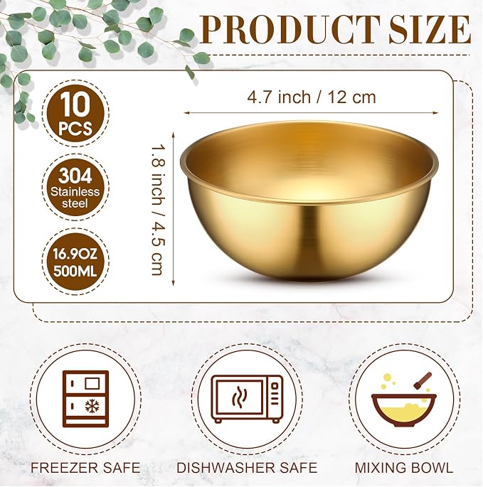 Nuogo 10 Pcs Gold Bowls 4.7 Inch Stainless Steel Mixing Bowls Decorative Esthetician Bowl for Facial Metal Serving Bowl for Holiday Birthday Party Wedding Baking Prepping Salad Fruit Soup