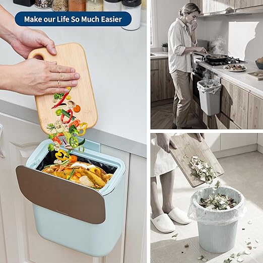 Hanging Kitchen Trash Can with Lid - 2.4 Gallon Small Compost Bin for Cabinet Door, Under Sink - Odor-Sealing Stainless Steel Top Food Waste Bin for RV, Bathroom, Office - Indoor Recycling Bin
