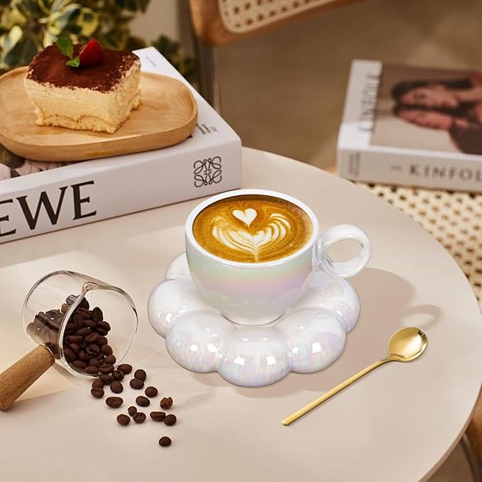 ARISKEY 10oz Coffee Mug for Women,Cute Tea Cup and Saucer Set with Spoon,Perfect for Latte and Milk, A Warm Choice for Mother's Love,Pearl White