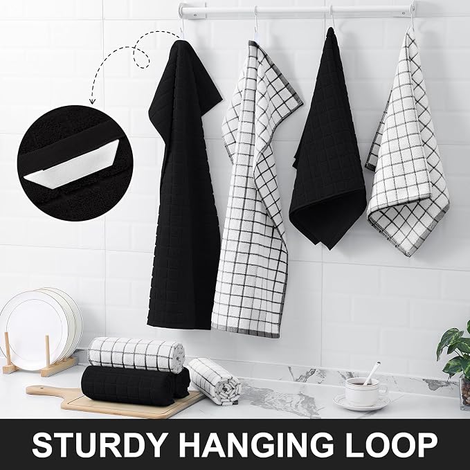 Homaxy Premium Cotton Kitchen Towels 16"x 28", Large Natural Ring Spun 390 GSM Dish Towels, Super Absorbent Terry Kitchen Hand Towels, Soft Tea Towels with Hanging Loop, Pure Black Design, 4 Pack