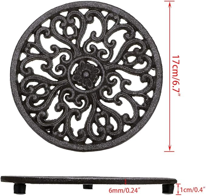 Sumnacon 2Pcs Round Cast Iron Trivets - 6.7 Inch Heat Resistant Iron Trivets for Hot Dish Pot Pan Plate Teapot, Rustic Cast Iron Hot Dish Plate Holder for Kitchen Dining Table Countertop Cooktop