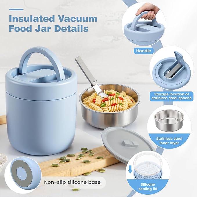 Thermo for Hot Food Adults, 40.5oz Wide Mouth Soup Thermo Lunch Containers with Spoon, Stainless Steel Vacuum Insulated Bento Lunch Box,Lunch Containers with Handle(Blue)