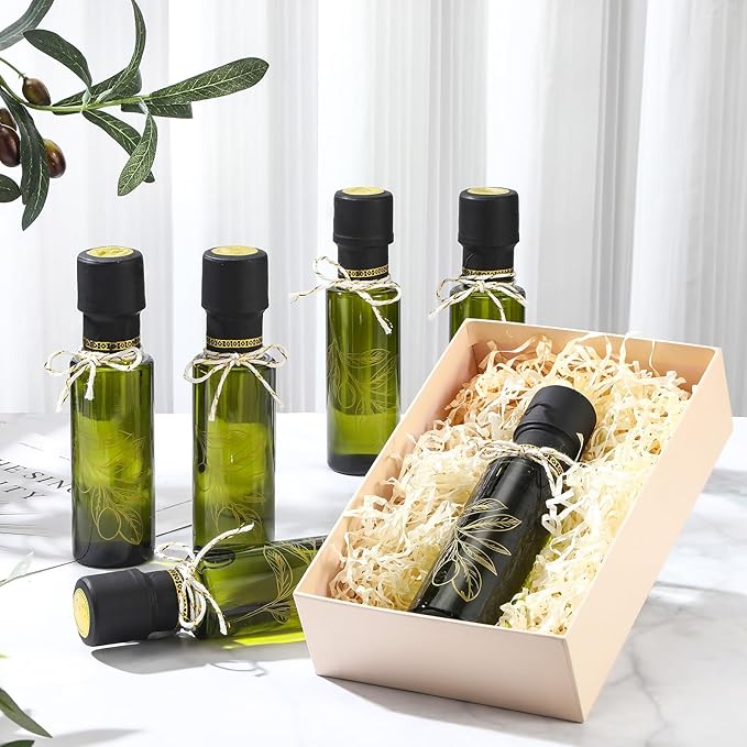 Reallnaive 4 oz Mini Glass Olive Oil Bottles Empty Sauce Condiment Bottles with Dropper Inserts and Sticker Seals Caps for Gifts Kitchen(Olive Leaf,Dark Green,20 Pcs)