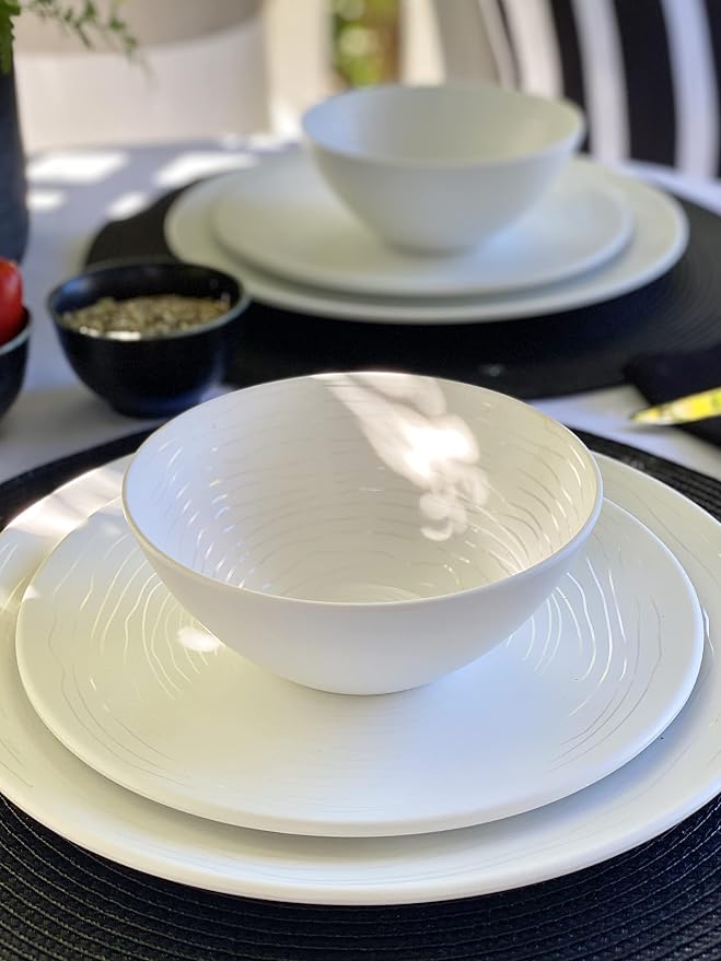 bzyoo 12 Piece White Melamine Dinnerware Set - Durable, Easy to Clean Plates and Bowls - Ideals for Parties, Camping Dish Set BPA Free Organica White Collection