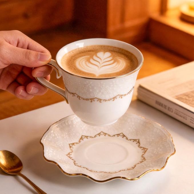 KAMMAK Tea Cups and Saucers Set of 2, 6.4oz Porcelain Coffee Cups with Saucers, Ceramic Espresso Mugs for Coffee, Latte, Americano, Tea, Elegant Teacup and Saucer (YFH11)