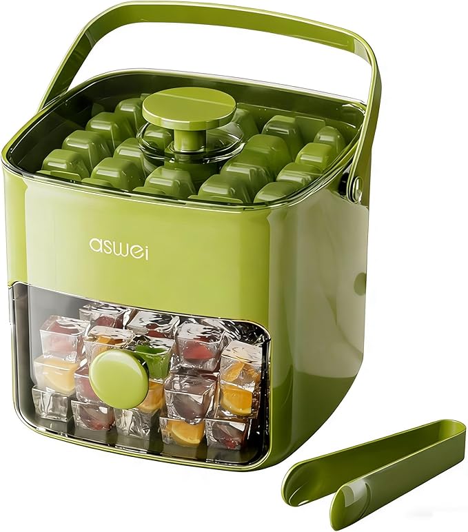 Compact Ice Cube Tray with Lid and Bin, Mini Press-Type Ice Cube Maker for Freezer, Space-Saving Small Ice Bucket with Tongs for RV, Office, Mini Ice Cube Trays & Water Bottles, BPA-Free (Green)